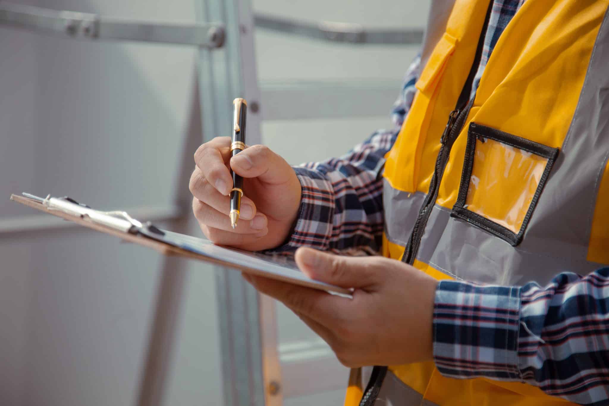 building contractor making notes on fire protection